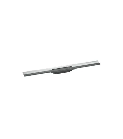 Einfache Chrom-Duschrinne von Hansgrohe, lang und schmal, geeignet zur Wandmontage, mit flexibler Kürzungsoption für individuelle Anpassungen.